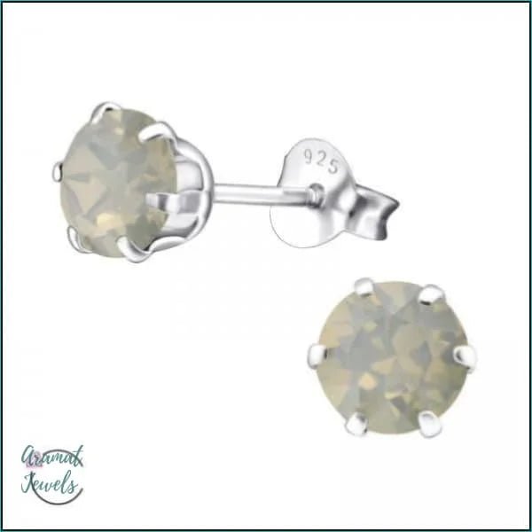 925 Zilveren Kristallen Oorbellen Rond 4-8mm - Sprankelende Studs - 6mm / Opaal Licht Grijs -