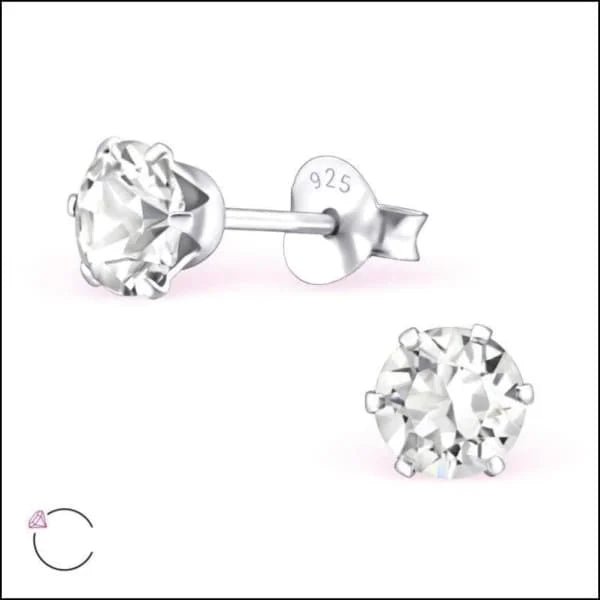 925 Zilveren Kristallen Oorbellen Rond 4-8mm - Sprankelende Studs - 6mm / Opaal Licht Grijs -