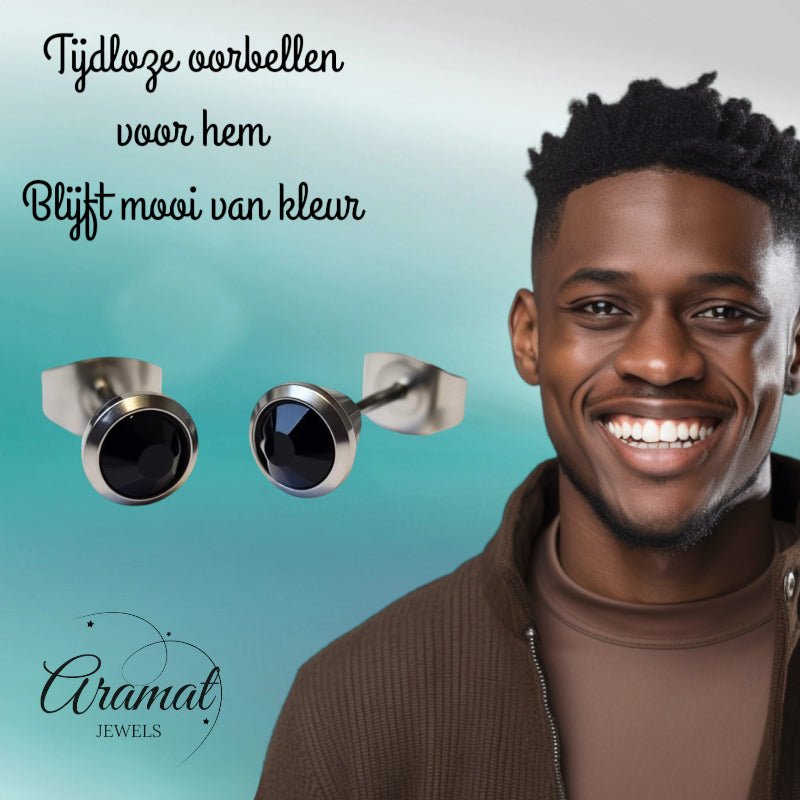 Oorbellen &acirc;&euro;&ldquo; Staal Zwarte Kristal Zilverkleurig (6mm) -