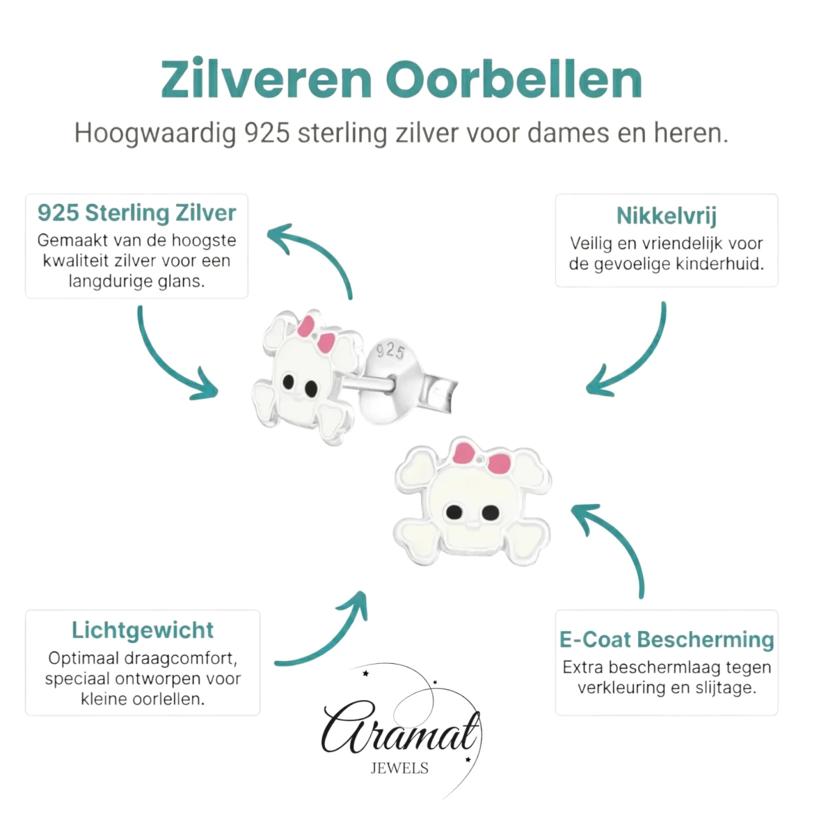 Zilveren Doodskop Oorbellen Wit 8x6 mm - Dames