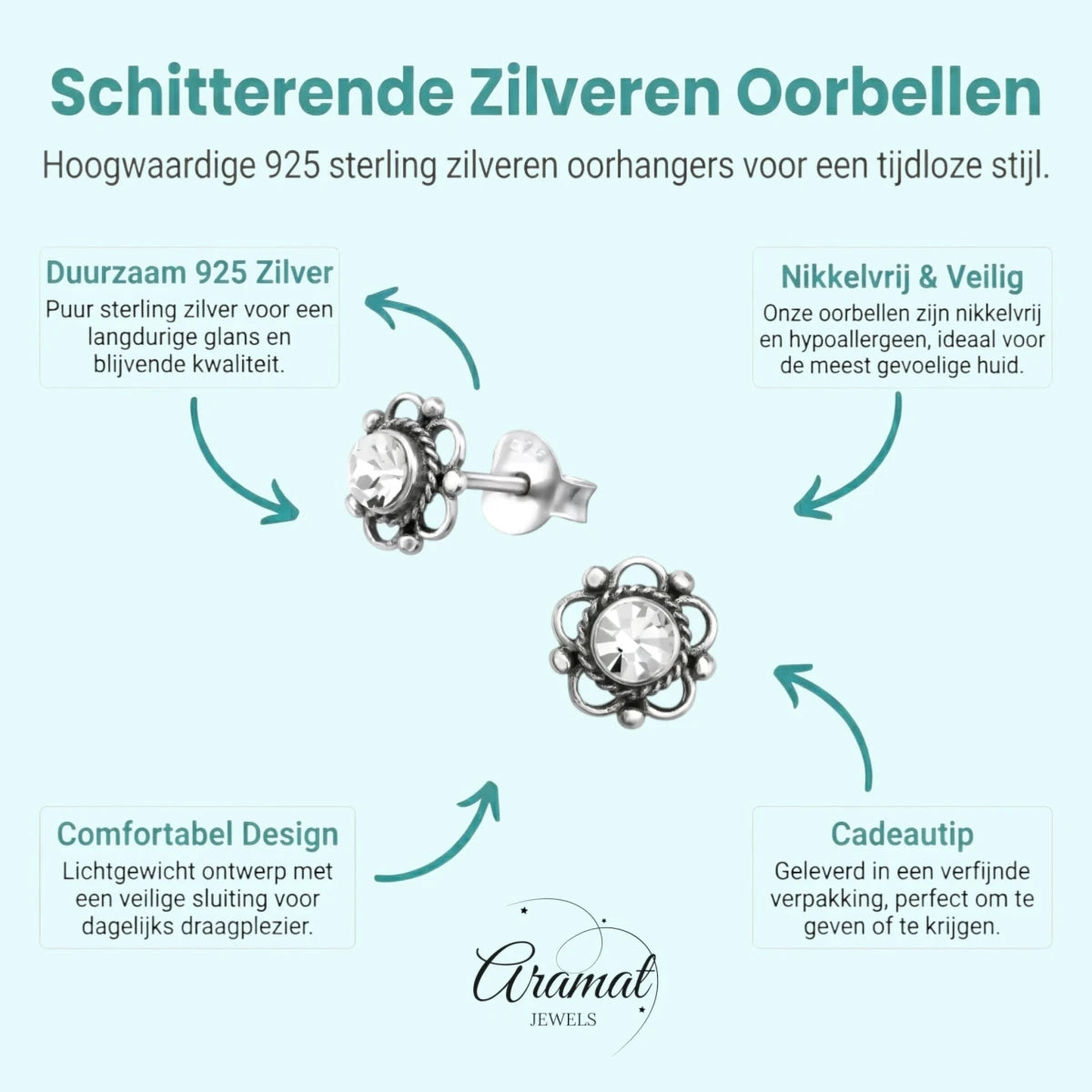 Zilveren Bloemoorbellen Transparant 7 mm -