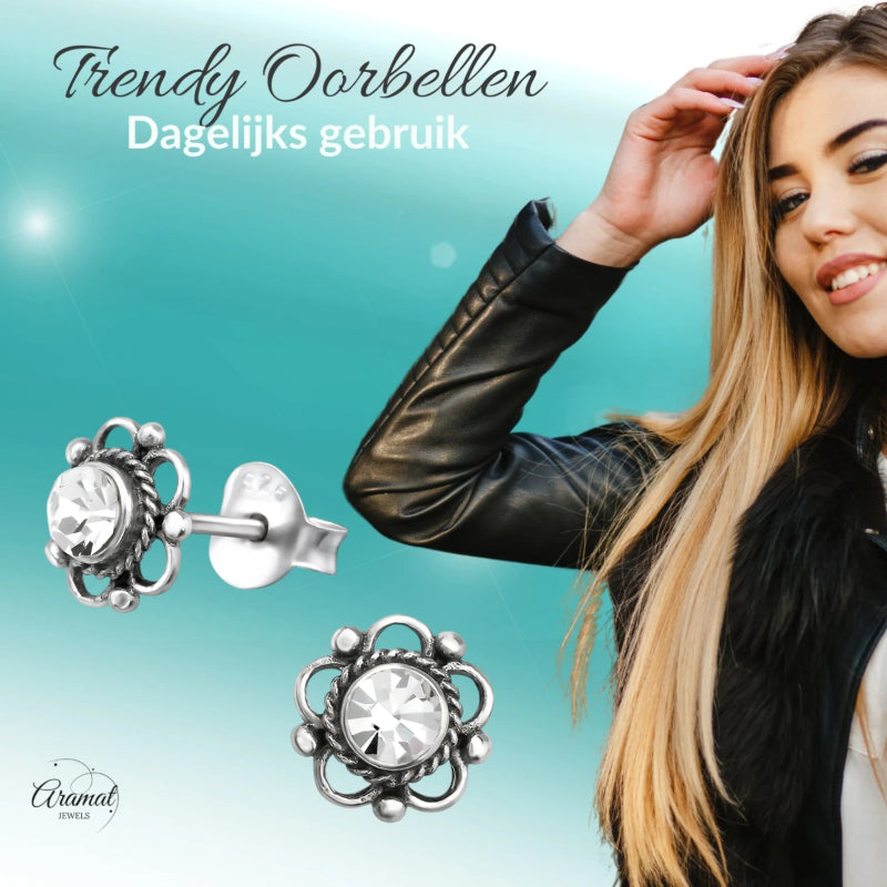 Zilveren Bloemoorbellen Transparant 7 mm -