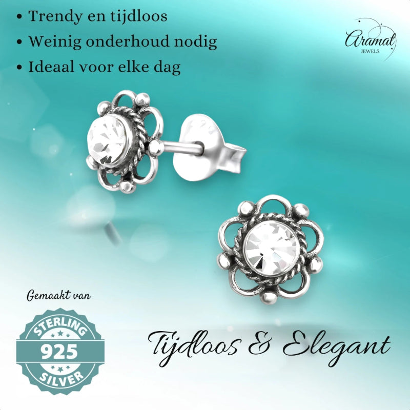 Zilveren Bloemoorbellen Transparant 7 mm -