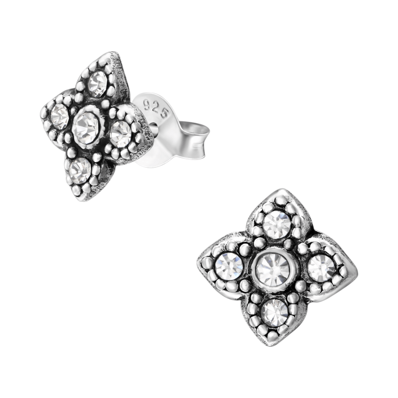Zilveren Bloem Oorstekers - 9mm - Transparant Kristal -