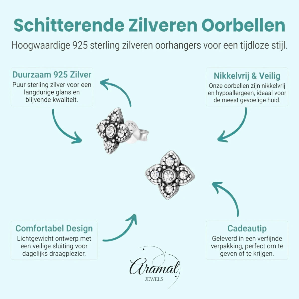 Zilveren Bloem Oorstekers - 9mm - Transparant Kristal -