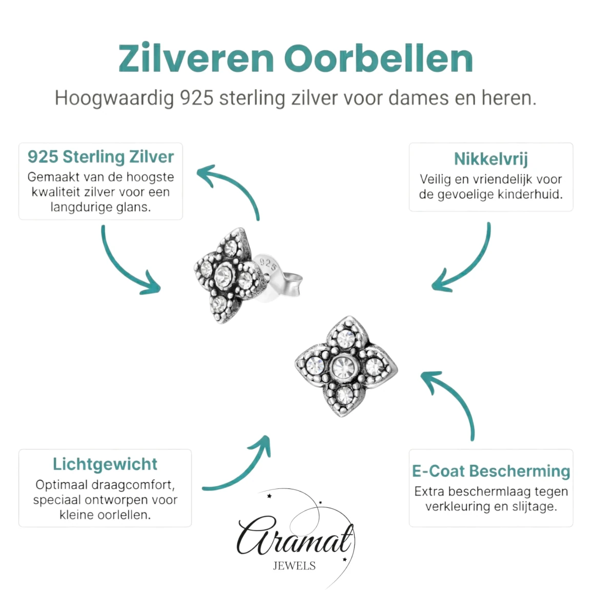 Zilveren Bloem Oorstekers - 9mm - Transparant Kristal -