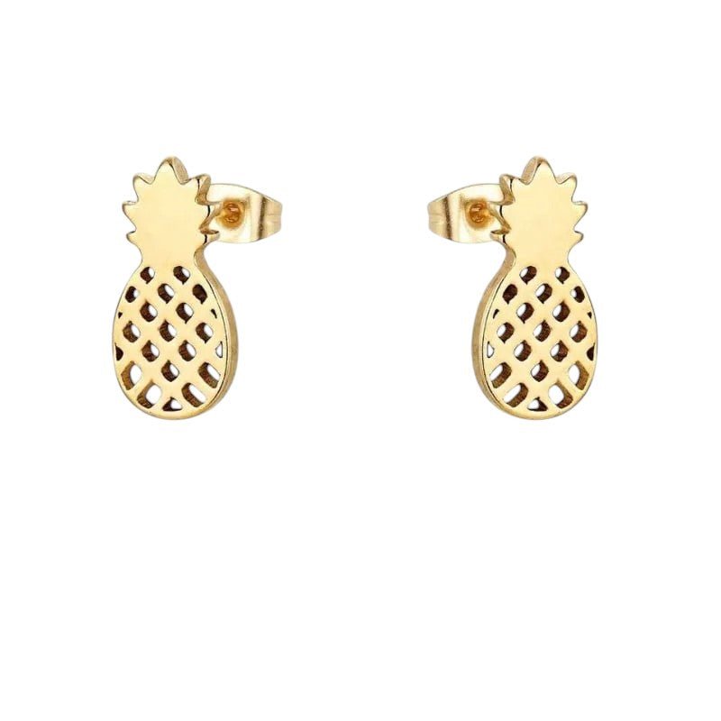 RVS Ananas Oorbellen Diverse Kleuren 10mm - Zomerse Pineapple Studs - Goudkleur -