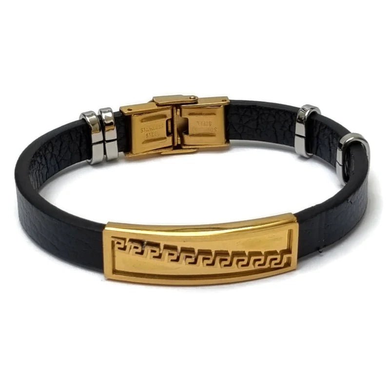 Bruine Leren Armband Goudkleurig Grieks Motief &acirc;&euro;&ldquo; 21cm 316L RVS Heren