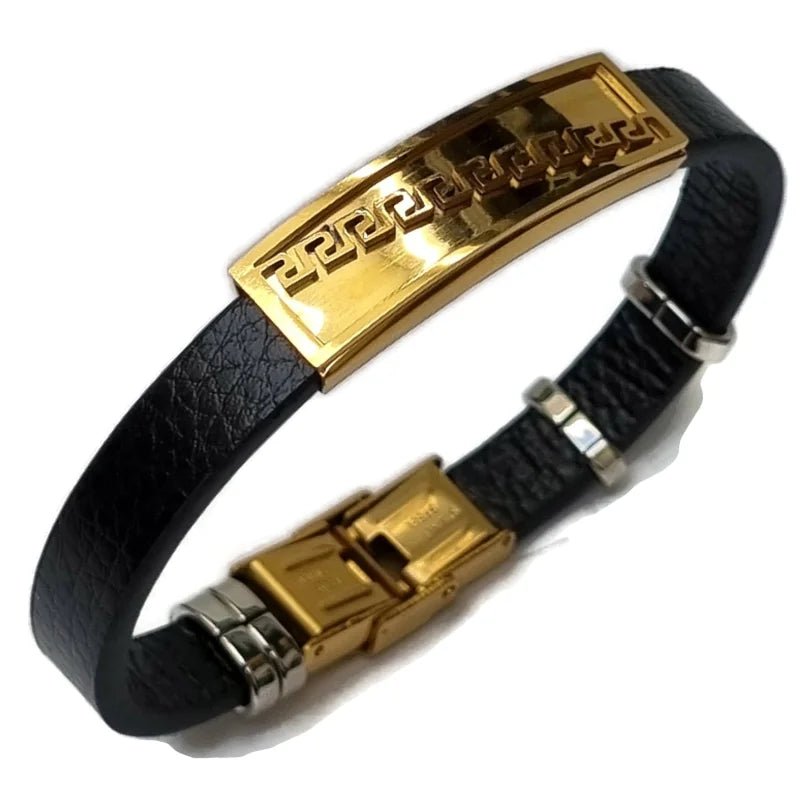 Bruine Leren Armband Goudkleurig Grieks Motief &acirc;&euro;&ldquo; 21cm 316L RVS Heren