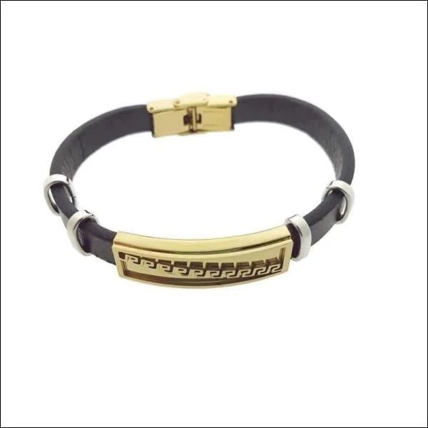 Bruine Leren Armband Goudkleurig Grieks Motief &acirc;&euro;&ldquo; 21cm 316L RVS Heren
