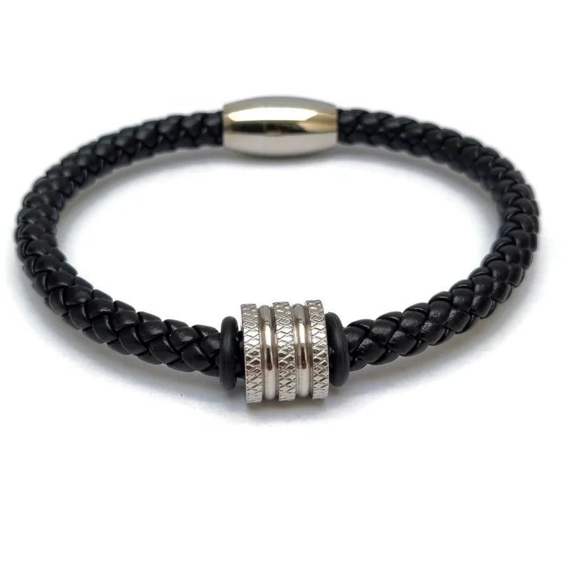 Heren Armband Leer met RVS Kraal &acirc;&euro;&ldquo; 20cm Magneetsluiting Zwart Zilver