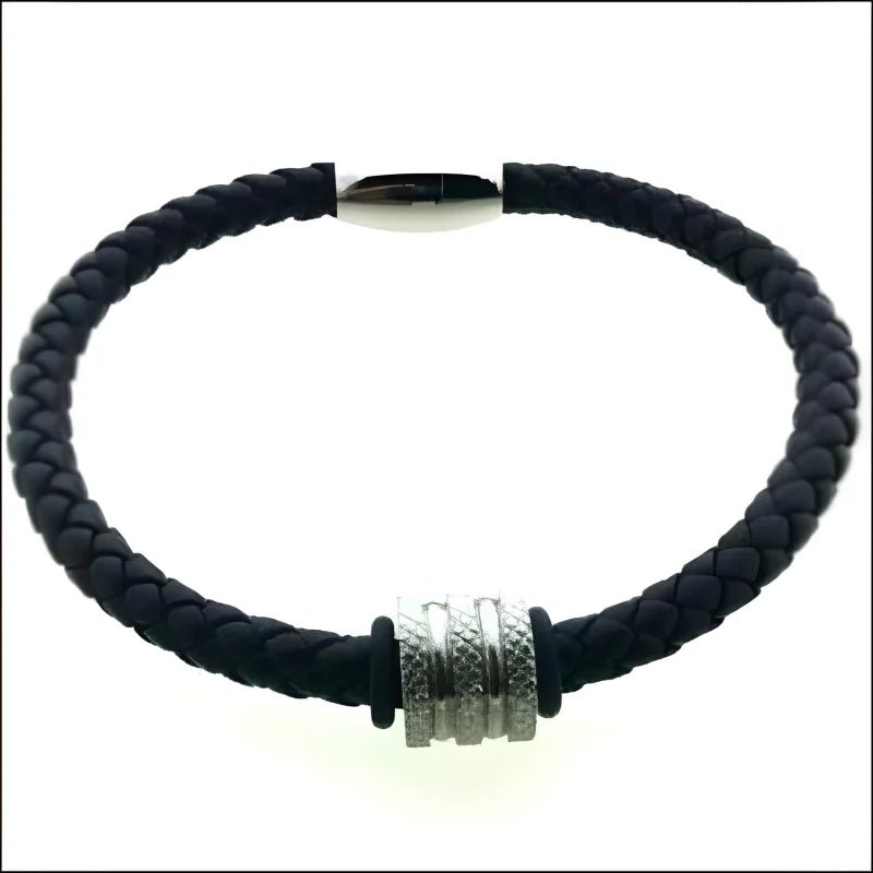 Heren Armband Leer met RVS Kraal &acirc;&euro;&ldquo; 20cm Magneetsluiting Zwart Zilver