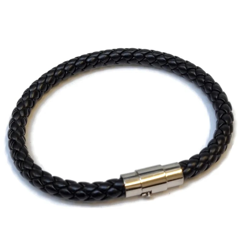 Leren Armband Magneetsluiting &acirc;&euro;&ldquo; 20cm RVS Staal Zwart Zilver