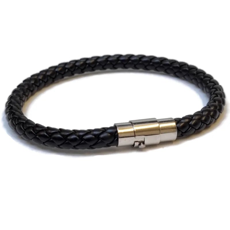 Leren Armband Magneetsluiting &acirc;&euro;&ldquo; 20cm RVS Staal Zwart Zilver