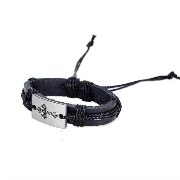 Zwarte Lederen Armband met Kruis &acirc;&euro;&ldquo; Verstelbaar 21cm Heren & Dames