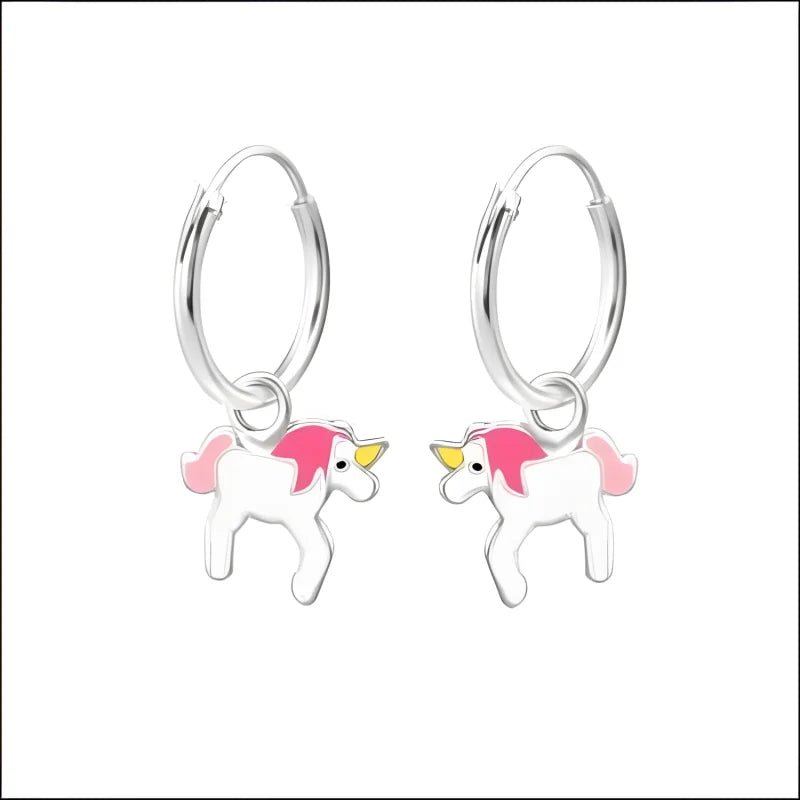 Zilveren oorringetjes eenhoorn meisje - Wit/Roze-10x8mm -