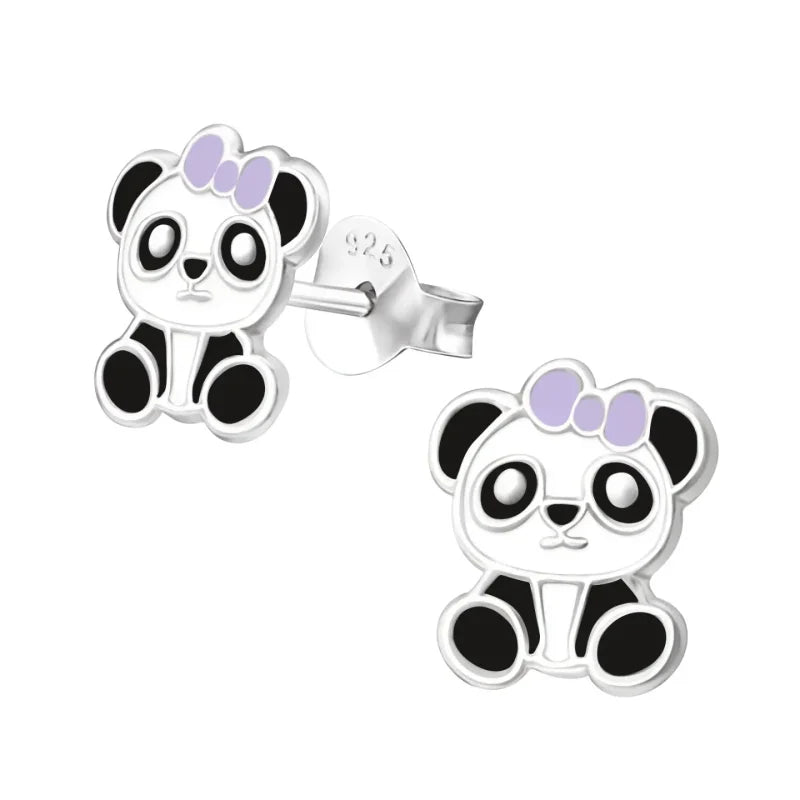 925 Zilveren Panda Oorbellen 8mm Kinderen - Schattige Pandabeer Oorstekers - Panda strik paars 9x7mm