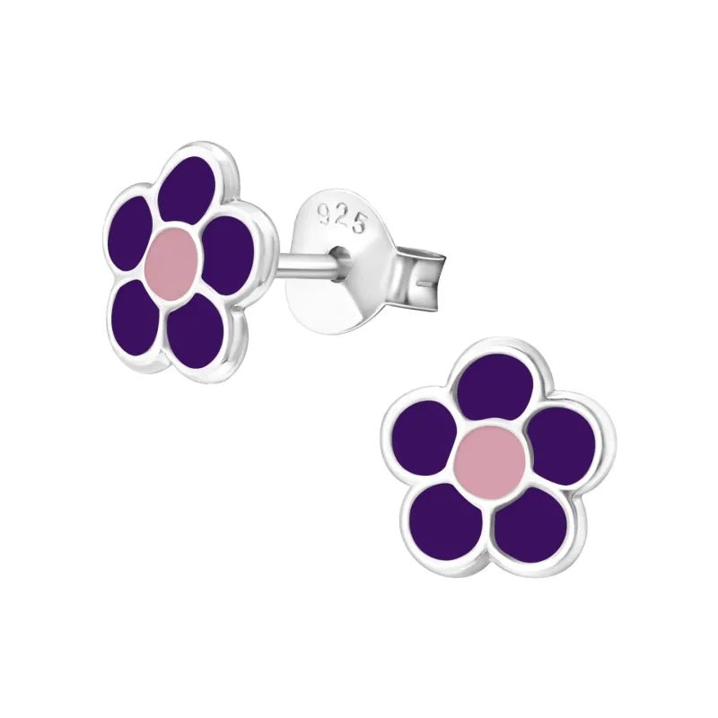 925 Zilveren Bloem Oorbellen met Emaille Diverse Kleuren - Bloemetjes - Paars/Roze-7mm -
