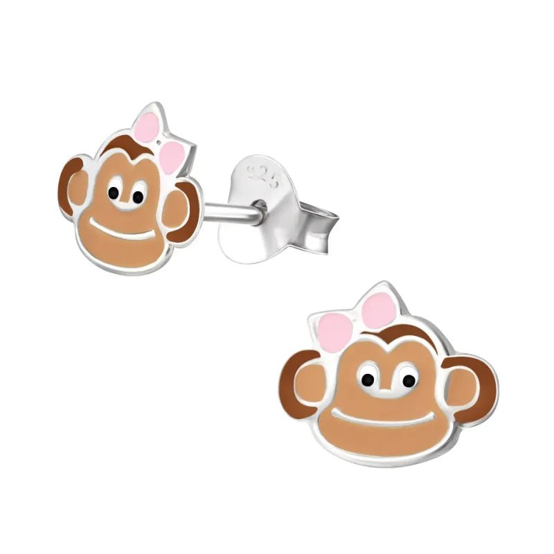 Zilveren Kinder Oorbellen Aapjes - Aap roze strik-9x7mm -