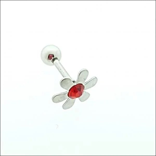 Zilverkleurige Helix Flower Oorbellen met Rood Strass - Unisex