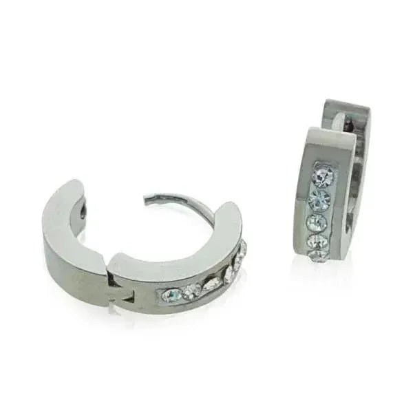 Stalen Huggie Oorringen 14mm RVS Unisex - Zirkonia-Streep-14x4mm -