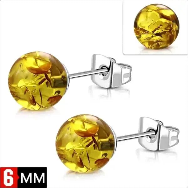 RVS Bolletjes Oorbellen Amber Acryl - Warme Oorstekers - 6mm / Oranje -