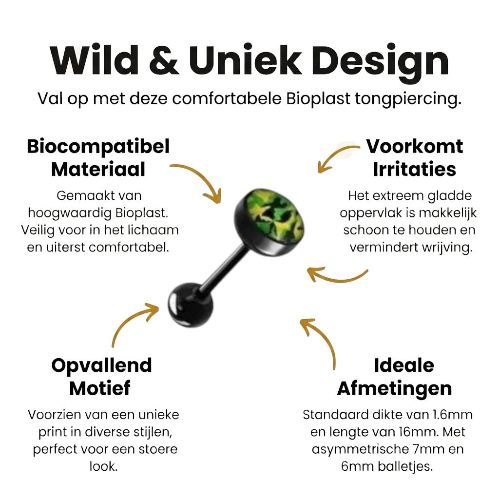 Zwarte Bioplast Tongpiercing hem en haar - Camouflage-Groen -
