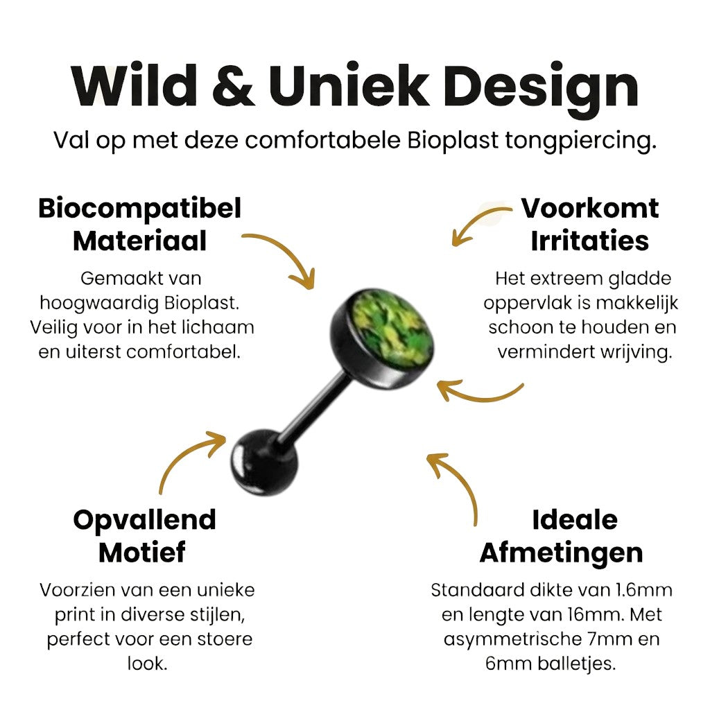 Zwarte Bioplast Tongpiercing hem en haar - Camouflage -