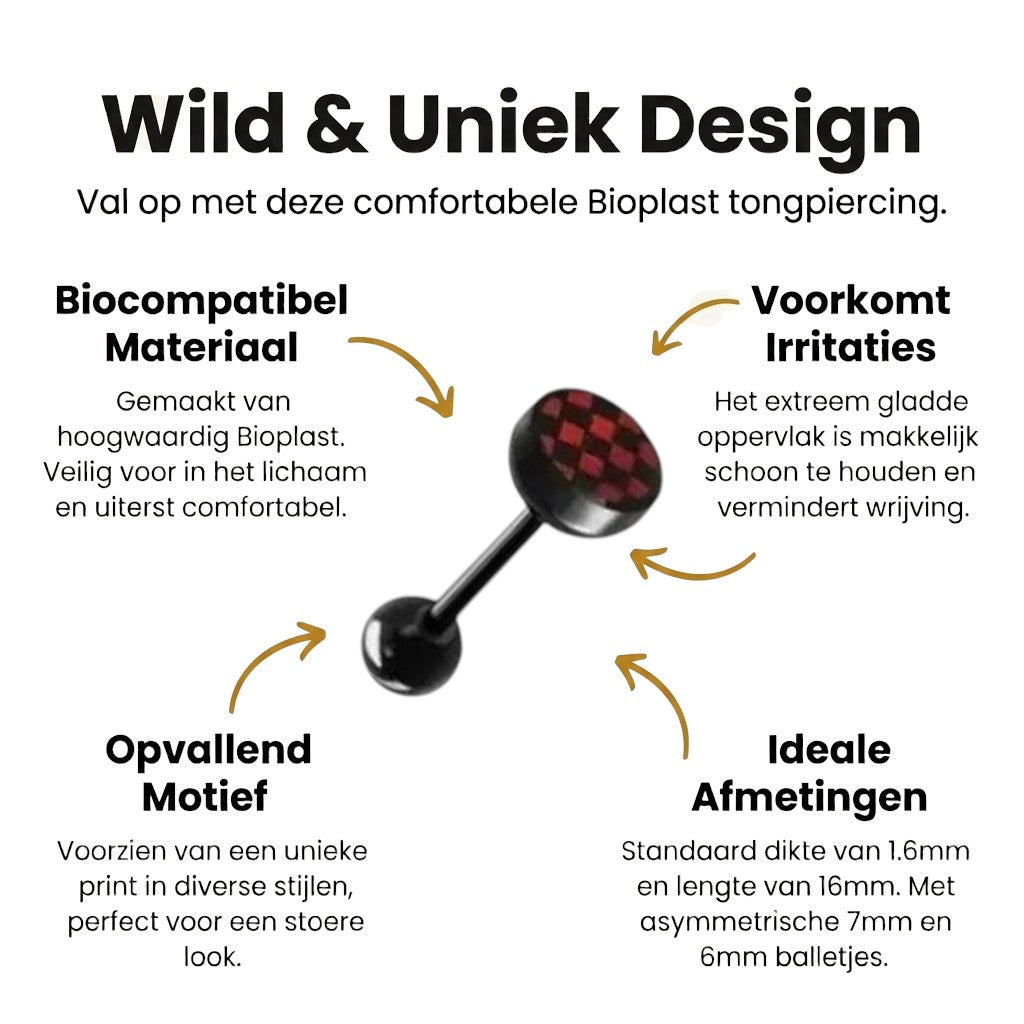 Zwarte Bioplast Tongpiercing hem en haar - Geruit-Zwart-Rood -