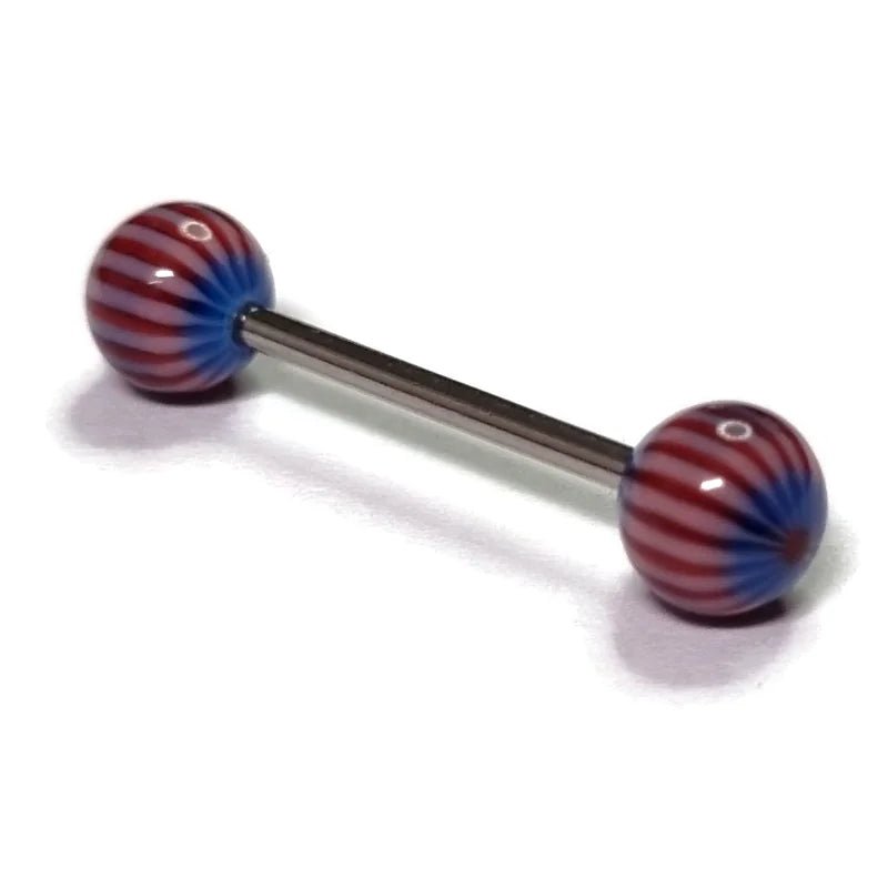 Kleurrijke Gestreepte Tongpiercing van Staal - Gestreept-Rood-Blauw-Wit -