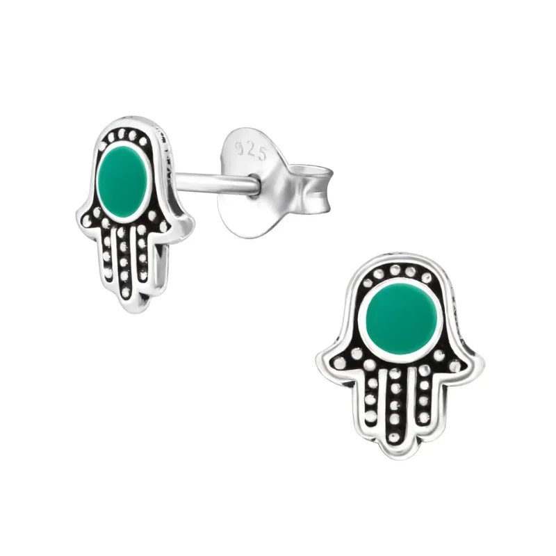 Zilveren Hamsa Hand Oorbellen - Groen -