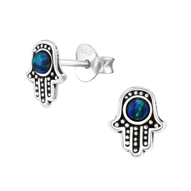 Zilveren Hamsa Hand Oorbellen - Opaal Blauw -