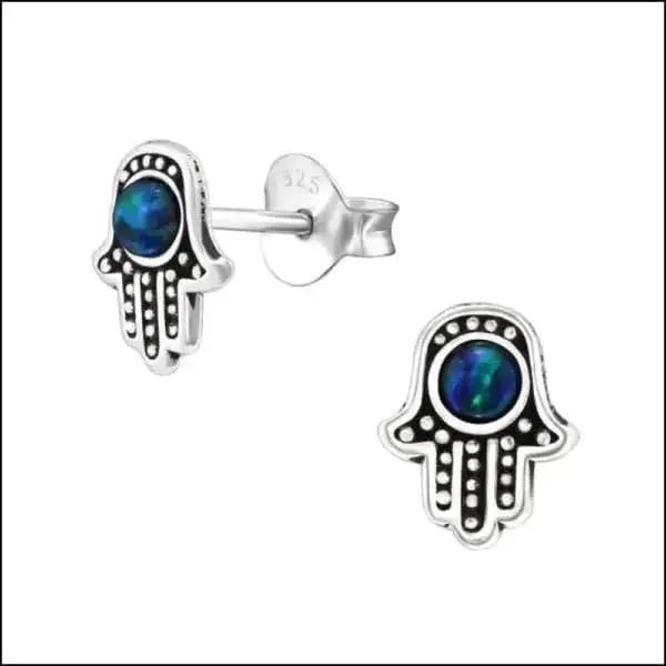 Zilveren Hamsa Hand Oorbellen - Opaal Blauw -