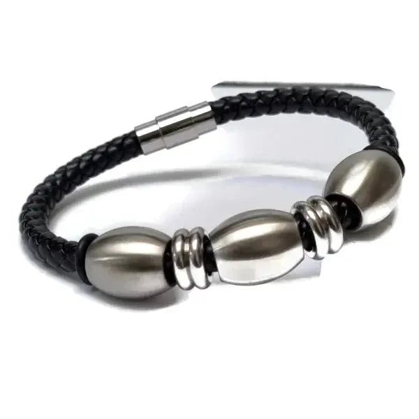 Zwarte Gevlochten Leren Heren Armband &acirc;&euro;&ldquo; 21cm RVS Magneetsluiting Kraal - Heren