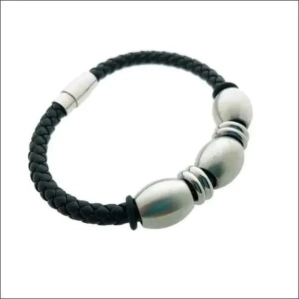 Zwarte Gevlochten Leren Heren Armband &acirc;&euro;&ldquo; 21cm RVS Magneetsluiting Kraal - Heren