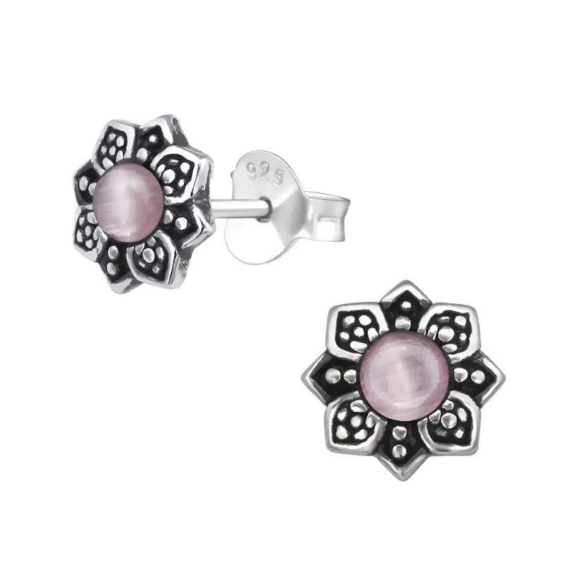Bloem Oorbellen met Cat Eye Steen - Zilveren Sieraden - Donker Roze -