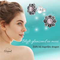 Bloem Oorbellen met Cat Eye Steen - Zilveren Sieraden - Donker Roze -
