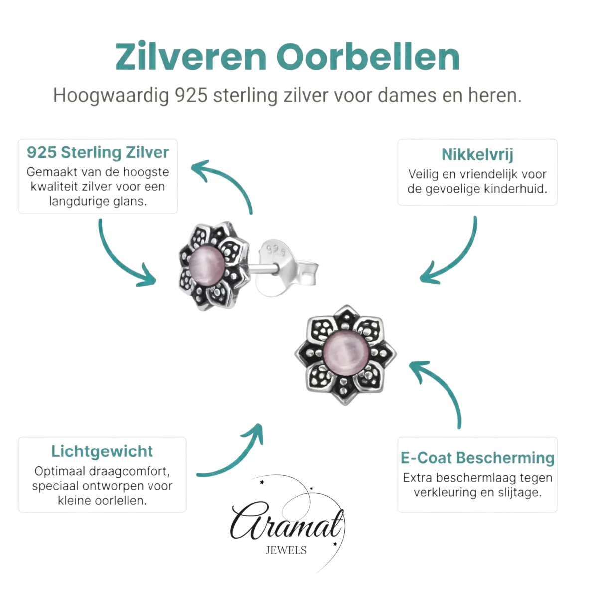 Bloem Oorbellen met Cat Eye Steen - Zilveren Sieraden - Donker Roze -
