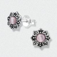 Bloem Oorbellen met Cat Eye Steen - Zilveren Sieraden - Donker Roze -