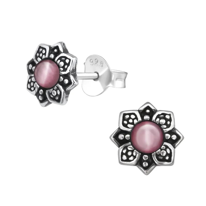 Bloem Oorbellen met Cat Eye Steen - Zilveren Sieraden - Licht Roze -