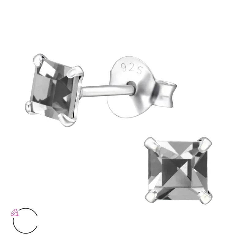 Zilveren Kristallen Oorstekers Vierkant &acirc;&euro;&ldquo; 925 Zilver Geometrisch - 4mm / Black Di