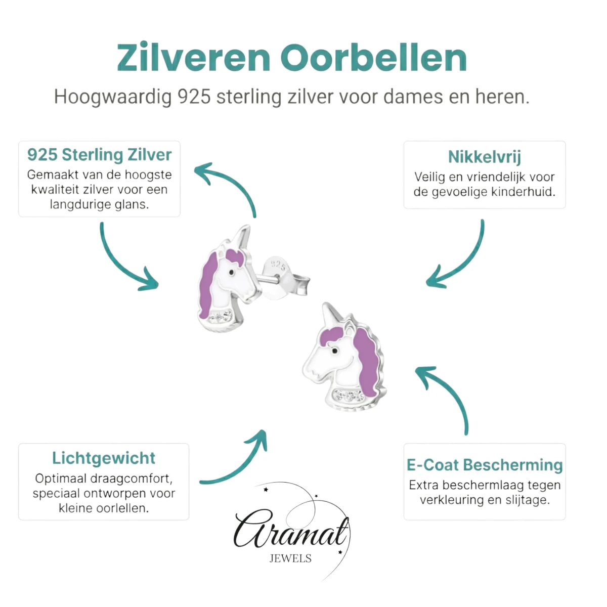 Zilveren Unicorn Oorstekers Wit Paars Emaille &acirc;&euro;&ldquo; 11x8mm 925 Zilver Kristal - Dames
