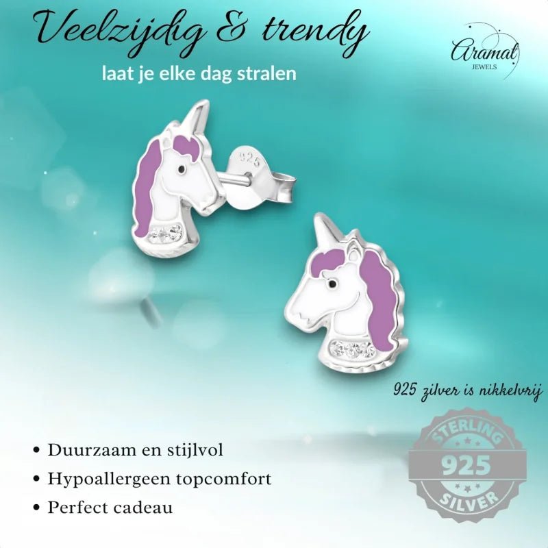 Zilveren Unicorn Oorstekers Wit Paars Emaille &acirc;&euro;&ldquo; 11x8mm 925 Zilver Kristal - Dames