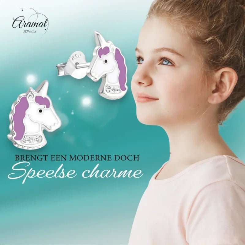 Zilveren Unicorn Oorstekers Wit Paars Emaille &acirc;&euro;&ldquo; 11x8mm 925 Zilver Kristal - Dames