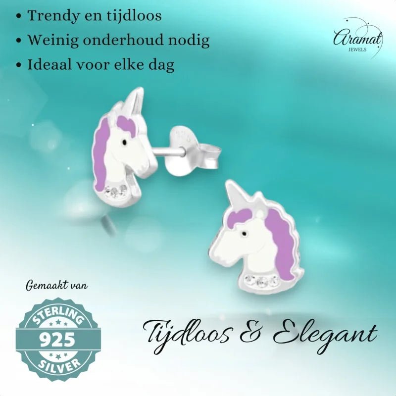 Zilveren Unicorn Oorstekers Wit Paars Emaille &acirc;&euro;&ldquo; 11x8mm 925 Zilver Kristal - Dames