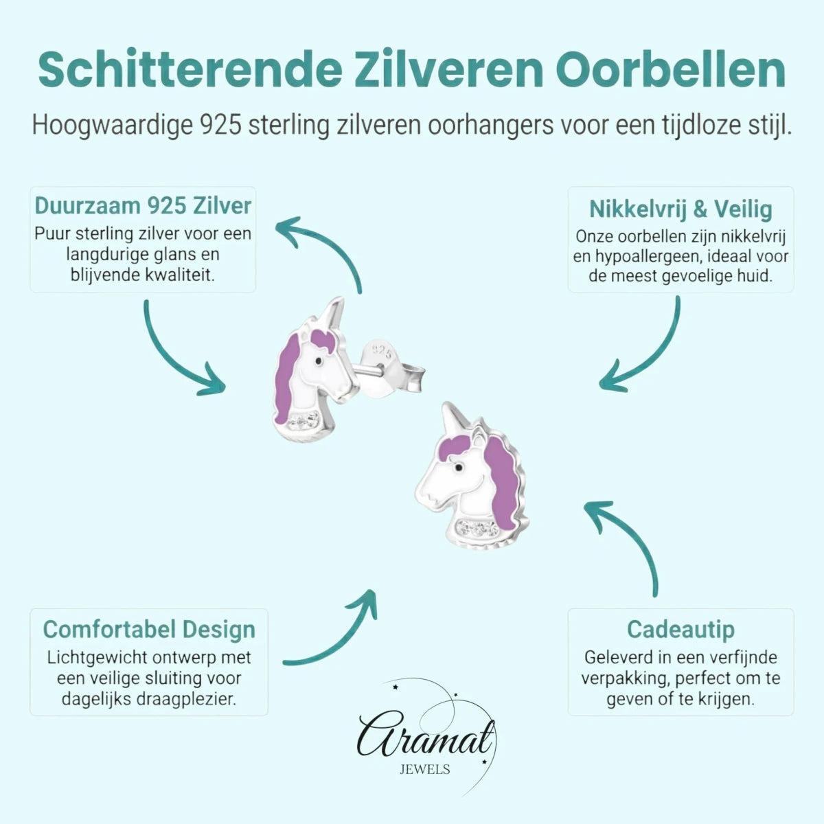 Zilveren Unicorn Oorstekers Wit Paars Emaille &acirc;&euro;&ldquo; 11x8mm 925 Zilver Kristal - Dames