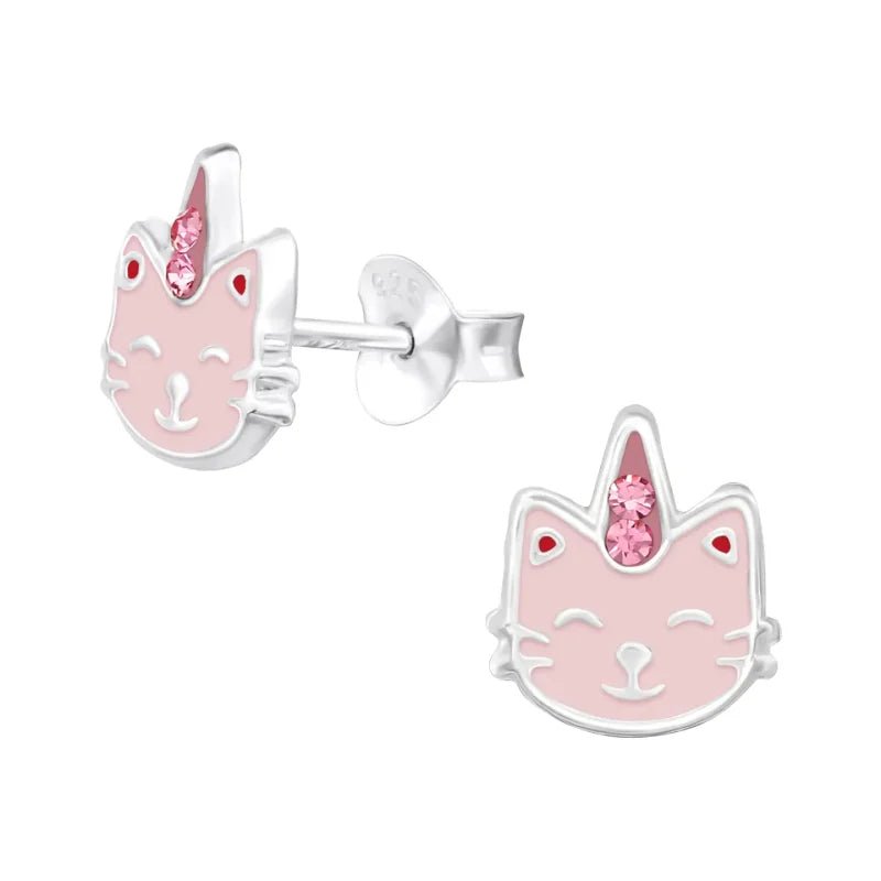 Zilveren Poezen Oorstekers &acirc;&euro;&ldquo; Meisje -925 Zilver - Zwart/Rood-10x7mm -