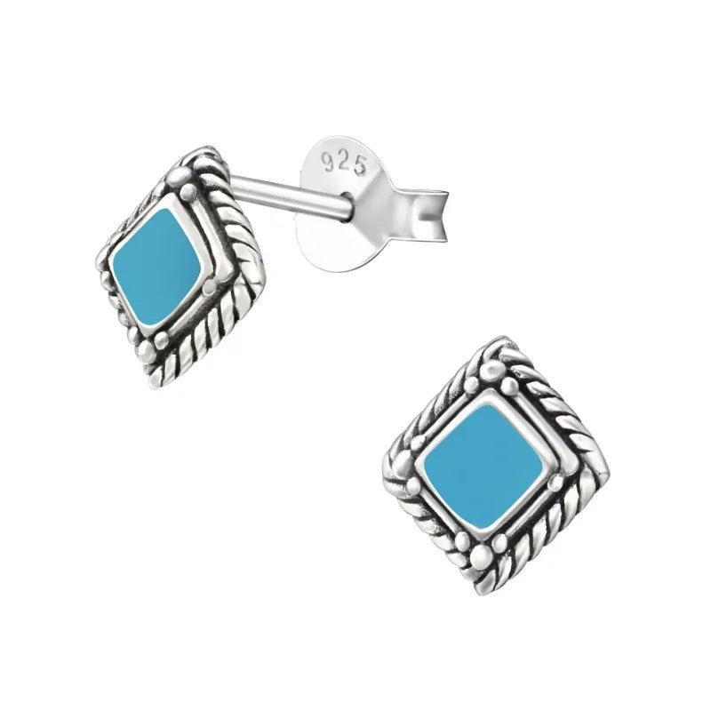 Zilveren Bali Oorstekers Geoxideerd &acirc;&euro;&ldquo; 8mm 925 Zilver Etnisch Boho Design - Ruit-B