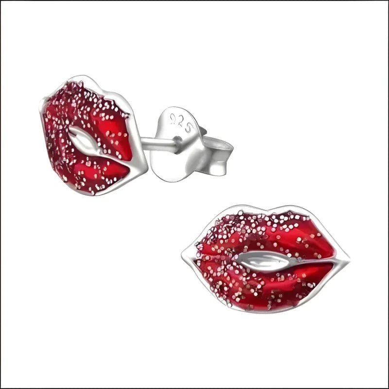 Zilveren Lippen Oorstekers &acirc;&euro;&ldquo; 11x7mm 925 Zilver Speels Design - Rood Glitter-11x7m