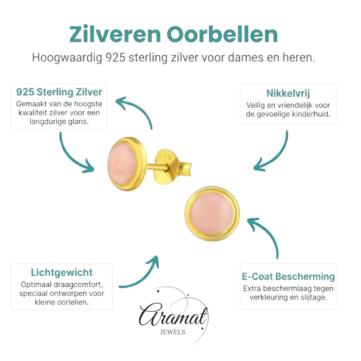 Zilveren Oorstekers Roze Shimmer Goudkleurig &acirc;&euro;&ldquo; 7mm 925 Zilver Epoxy -